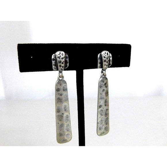 Drop Dangle Silver Tone Bar Style Hammered Pierced Earrings - Picture 3 of 8